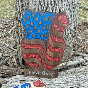 European Skull Mount Plaque Epoxy Resin American Flag Shield - Personalizable - Premium Wood