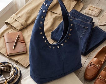 Marineblaue Hobo-Tasche aus veganem Wildleder, Schultertasche mit Nieten, lässige Boho-Tasche, echte Handtasche