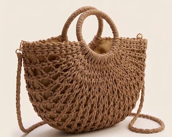 Handgefertigte gewebte Strohtasche für Frauen, Boho Makramee Schultertasche, gehäkelte Sommer Strandtasche, ästhetische handgefertigte Geldbörse, Geschenk für sie keine Farbe
