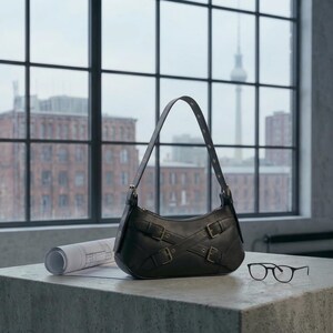 Y2K Black Vegan Leather Shoulder Bag, Punk Grommet Buckle Handbag image 9