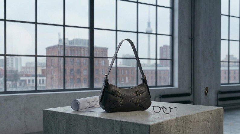 Y2K Black Vegan Leather Shoulder Bag, Punk Grommet Buckle Handbag image 9