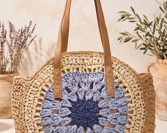 Gehäkelte Bast Tasche, Stroh Strand Tragetasche, gestrickte Sommer Schultertasche, Handtasche aus Stroh, runde gewebte Markttasche, Geschenk für sie Tragetasche