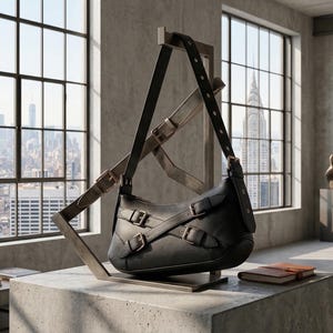 May include: Black leather shoulder bag with multiple buckle closures, displayed on a concrete pedestal. The bag has adjustable straps and is set against a backdrop of a cityscape visible through large windows. The bag is approximately 14 inches wide.
