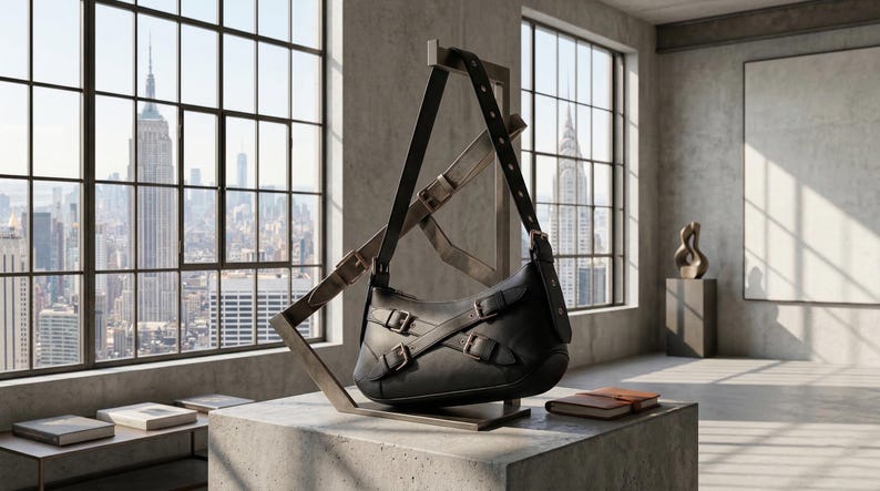 May include: Black leather shoulder bag with multiple buckle closures, displayed on a concrete pedestal. The bag has adjustable straps and is set against a backdrop of a cityscape visible through large windows. The bag is approximately 14 inches wide.