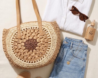 Gehäkelte Bast Tasche, Stroh Strand Tragetasche, gestrickte Sommer Schultertasche, Handtasche aus Stroh, runde gewebte Markttasche, Geschenk für sie Tragetasche