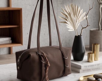 Minimalist Barrel Bag für Frauen Vegan Leder Schultertasche Ästhetische Bowling Tasche Trend Unterarm Geldbörse Retro Handtasche Mittlere Größe Geschenk für Sie