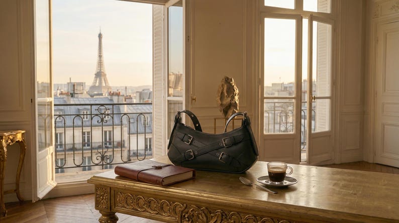 May include: A black leather shoulder bag with multiple buckles sits on a gold table, next to a leather-bound journal and a cup of coffee. The Eiffel Tower is visible through an open window in the background.