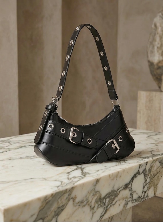Y2K Black Vegan Leather Shoulder Bag, Punk Grommet Buckle Handbag