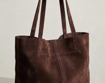 Echte Wildleder-Einkaufstasche, große minimalistische Schultertasche, echtes Leder Alltagstasche, lässige Arbeitshandtasche, Luxusgeschenk für sie, Tote