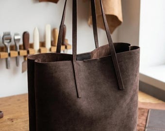 Handgefertigte Nubuckleder Tragetasche mit Beutel, Braune Wildleder Stil Schultertaschen Set, Große Minimalistische Arbeit Geldbörse, Handwerker Tägliche Tote, Geschenk für Sie