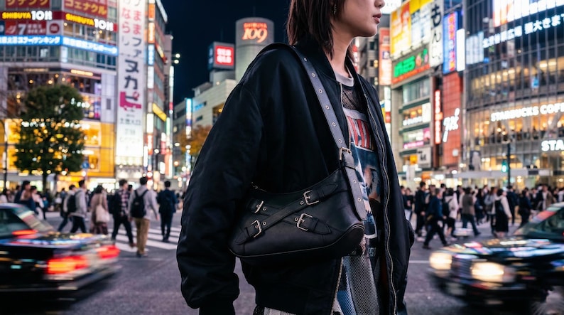 May include: A black leather shoulder bag with silver buckles is worn over a black jacket. The bag has a rectangular shape with three buckles on the front. The background shows a busy city street with illuminated signs and pedestrians.