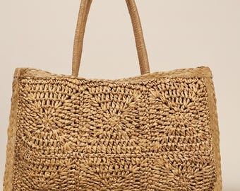 Große handgemachte gewebte Einkaufstasche, Boho Stroh Strandtasche, übergroße Schultertasche, Reise Weekender Tasche, Handwerker Sommertasche, Geschenk für sie