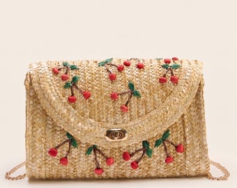 Stroh Crossbody Tasche, gestickte Clutch Geldbörse, gewebte Sommerhandtasche, Kirsche Raffia Geldbörse, handgemachte Strohtasche, Kette Schultertasche Geschenk