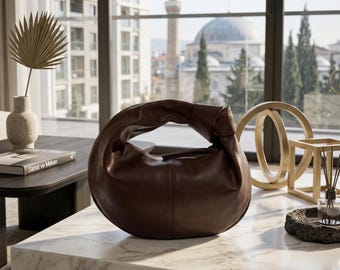 Minimalistische Knotengriff Handtasche, Vegan Leder Croissant Tasche, Weiche Slouchy Clutch für Frauen, Moderne Armband Geldbörse, Schick Abend Party Tasche