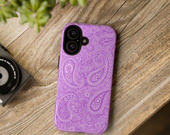 TPU Phone Case, Purple Paisley Dual-Layer Cover with Glossy or Matte Finish