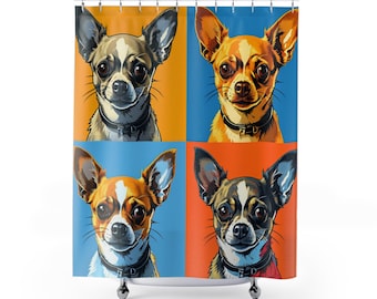 Cortina de ducha con estampado de perro Chihuahua Pop Art, accesorio de baño de diseño minimalista, tamaño estándar, duradera, resistente al agua y de secado rápido.