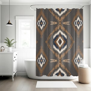 Ikat Shower Curtain Tribal Bath Decor Boho Diamond Pattern Geometric Bathroom Design Earth Tone Rustic Textile Polyester Fabric Artisanal