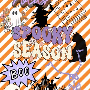 Op de afbeelding: Een Halloween-thema-illustratie met oranje en witte strepen. De tekst "Hocus Pocus" staat bovenaan de afbeelding. De tekst "Spooky Season" staat in het midden van de afbeelding. Er is een geest, een heks op een bezem, een kat, een spookhuis, een skelet en vleermuizen.