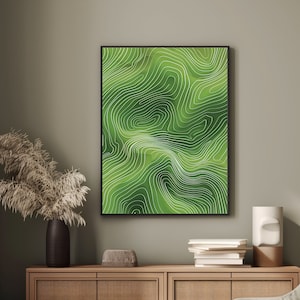 Impressão digital de linhas topográficas verdes abstratas, arte de mapa de contorno moderno, decoração de parede inspirada na natureza, download instantâneo em vários tamanhos