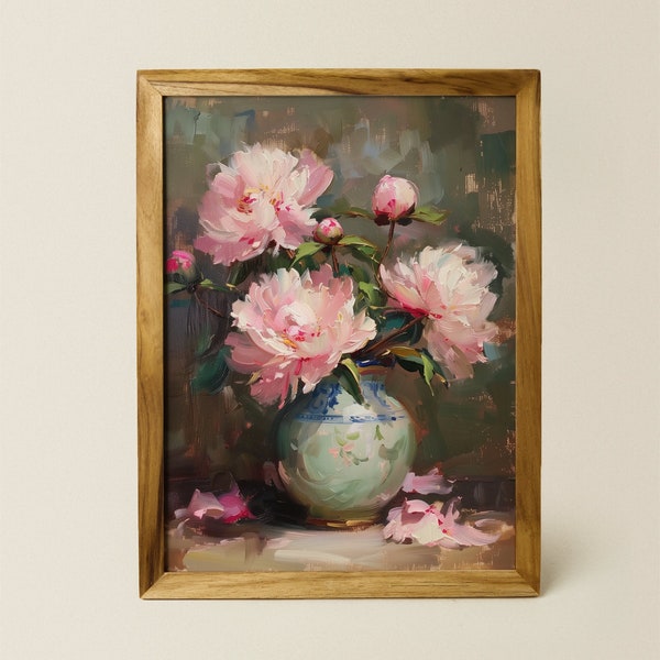 Impresión de pintura al óleo de peonías elegantes / Florero vintage floral / Arte impreso premium / Decoración de pared