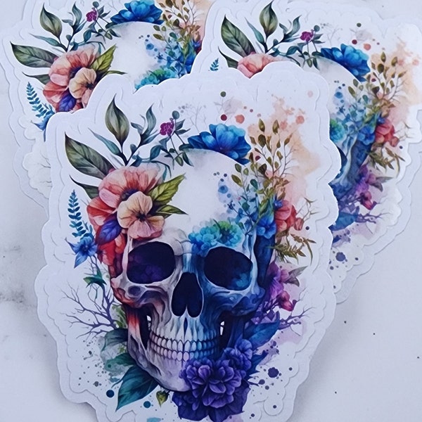 Watercolor Skull Floral Skull Sticker Waterproof Sticker Skull Decal Sticker for her flower skull sticker trendy stickers tumbler stickers