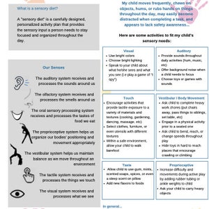 Pu&ograve; includere: Un'infografica colorata intitolata "Creare una dieta sensoriale appropriata" spiega i diversi sistemi sensoriali e fornisce attivit&agrave; per aiutare i bambini con esigenze sensoriali. L'infografica presenta illustrazioni dei sensi umani e include testo su attivit&agrave; visive, uditive, tattili, vestibolari, gustative e propriocettive.