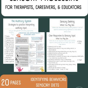 Op de afbeelding: Een teal en oranje PDF-download met de titel "Sensorische verwerking" voor therapeuten, verzorgers en docenten. De afbeelding bevat informatie over sensorische diëten, systemen en activiteiten, met 20 pagina's inhoud. Tekst bevat "Het auditieve systeem" en "Sensorisch zoeken".