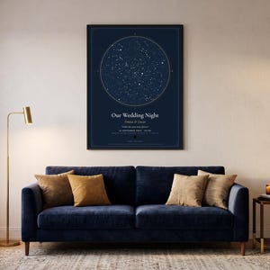 May include: A dark blue rectangular wall poster featuring a circular star map. The text reads Our Wedding Night, Emma & Lucas, Under the stars, stars forever, 16 September 2023, 20:00. The design includes white celestial points on a navy background.