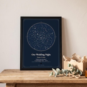 Op de afbeelding: Een ingelijste donkerblauwe sterrenkaart met een cirkelvormige sterrenhemel, de tekst "Our Wedding Night", "Emma & Lucas", "Under the same stars, forever" en de datum "16 SEPTEMBER 2023" met geografische coördinaten.