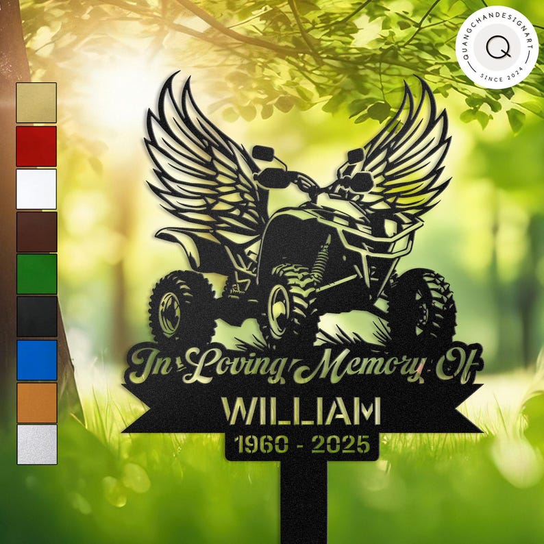 Custom ATV memorial garden stake featuring a four-wheeler silhouette with angel wings, personalized name and dates, durable metal grave marker for outdoor remembrance, perfect tribute for ATV riders and off-road enthusiasts.