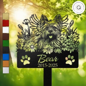 Lovely Angel Yorkshire Terrier Memorial Garden Stake, Personalized Yorkie Dog Grave Marker with Wildflowers, Outdoor Metal Pet Tribute