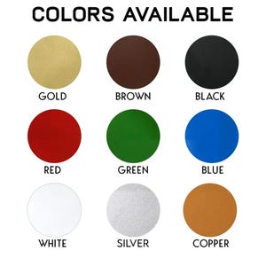 Puede incluir: Imagen que muestra una tabla de colores con el texto "COLORES DISPONIBLES" en la parte superior. La tabla presenta nueve muestras de color circulares etiquetadas: Oro, Marr&oacute;n, Negro, Rojo, Verde, Azul, Blanco, Plata y Cobre.