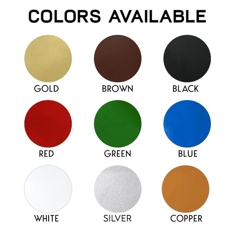 Puede incluir: Imagen que muestra una tabla de colores con el texto "COLORES DISPONIBLES" en la parte superior. La tabla presenta nueve muestras de color circulares etiquetadas: Oro, Marr&oacute;n, Negro, Rojo, Verde, Azul, Blanco, Plata y Cobre.