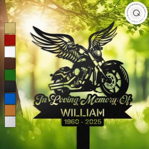 Personalized Motorcycle with Angel Wings Grave Marker, In Loving Memory Garden Stake, Custom Biker Tribute Gift, Biker Metal Cemetery Decor