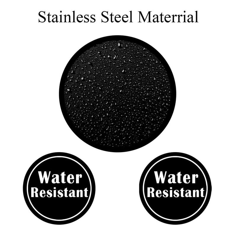 Puede incluir: Un objeto circular negro con una superficie texturizada, posiblemente un posavasos o una tapa. El texto "Stainless Steel Material" est&aacute; en la parte superior. Dos insignias circulares debajo dicen "Water Resistant" en texto blanco sobre fondo negro.