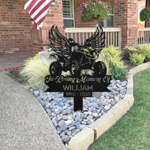 Custom ATV memorial garden stake featuring a four-wheeler silhouette with angel wings, personalized name and dates, durable metal grave marker for outdoor remembrance, perfect tribute for ATV riders and off-road enthusiasts.
