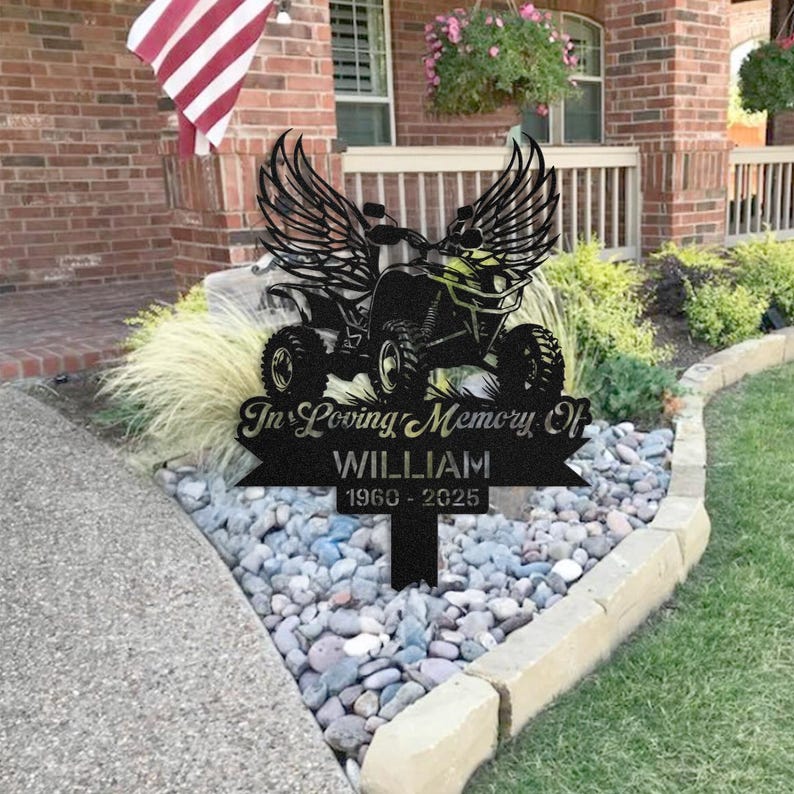 Custom ATV memorial garden stake featuring a four-wheeler silhouette with angel wings, personalized name and dates, durable metal grave marker for outdoor remembrance, perfect tribute for ATV riders and off-road enthusiasts.