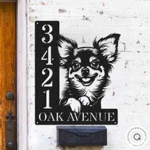 Custom Long Haired Chihuahua Address Sign, Personalized Dog House Number Plaque, Metal Street Name Sign for Outdoor Home Décor