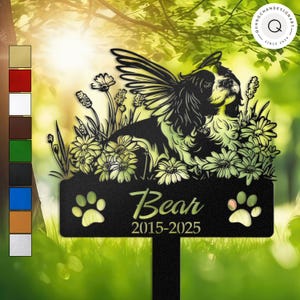 Lovely Angel Cavalier King Charles Spaniel Memorial Garden Stake, Personalized Dog Grave Marker with Wildflowers, Outdoor Metal Pet Tribute