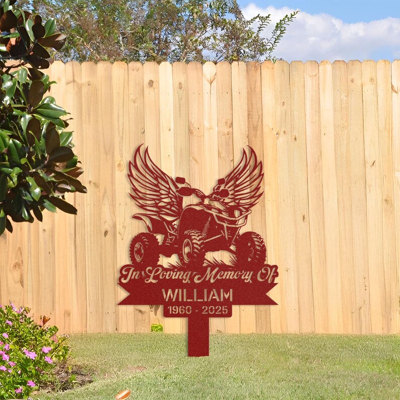 Custom ATV memorial garden stake featuring a four-wheeler silhouette with angel wings, personalized name and dates, durable metal grave marker for outdoor remembrance, perfect tribute for ATV riders and off-road enthusiasts.