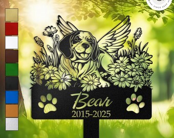 Estaca de jardín conmemorativa personalizada de ángel beagle con alas, lápida para perro con alas, regalo personalizado para la pérdida de una mascota, letrero conmemorativo para exteriores