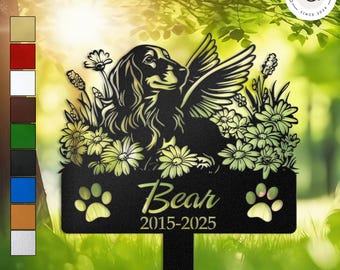 Estaca conmemorativa de jardín personalizada con forma de ángel para perro salchicha de pelo largo, lápida con alas, regalo personalizado para la pérdida de una mascota, letrero conmemorativo para exteriores
