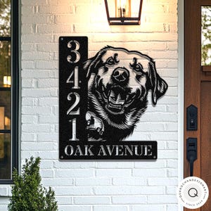 Personalized Labrador Address Sign, Custom Dog House Number Plaque, Metal Street Name Sign for Porch, Fence, Gate, or Wall Decor
