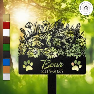Personalized Yorkshire Terrier Dog Memorial Stake with Wildflowers, Custom Pet Grave Marker, Sleeping Yorkie Garden Decor, Yorkie Loss Gift