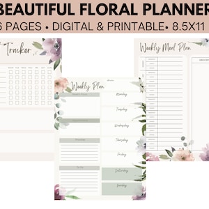 May include: A digital and printable floral planner with 6 pages. The planner includes a habit tracker, weekly plan, and weekly meal plan. The pages are decorated with watercolor floral designs and the size is 8.5x11 inches.