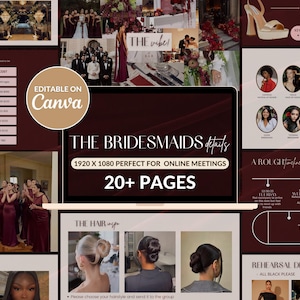May include: A digital wedding planning template with a burgundy and cream color scheme. The design includes sections for bridesmaids details, timelines, hair inspiration, and cost breakdowns. The text "EDITABLE ON Canva" is visible.