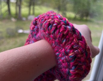 Pink multicolored crochet chunky yarn scrunchie