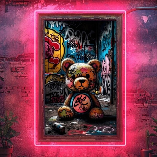 Teddy Bear Urban Graffiti Masterpiece, Colorful Street Art Digital ...