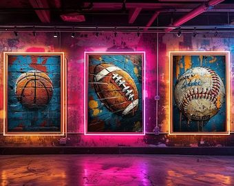 Graffiti Sport Gallery Wall Set, Set of 3 Prints, Baseball, Basketball, Football, Bold Urban Wall Decor, Modern Sports Art, Digital Download
