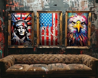 Set of 3 Iconic Graffiti Art Prints: American Flag, Statue of Liberty & Eagle - Vibrant, Colorful Urban Wall Decor, Modern Street Style